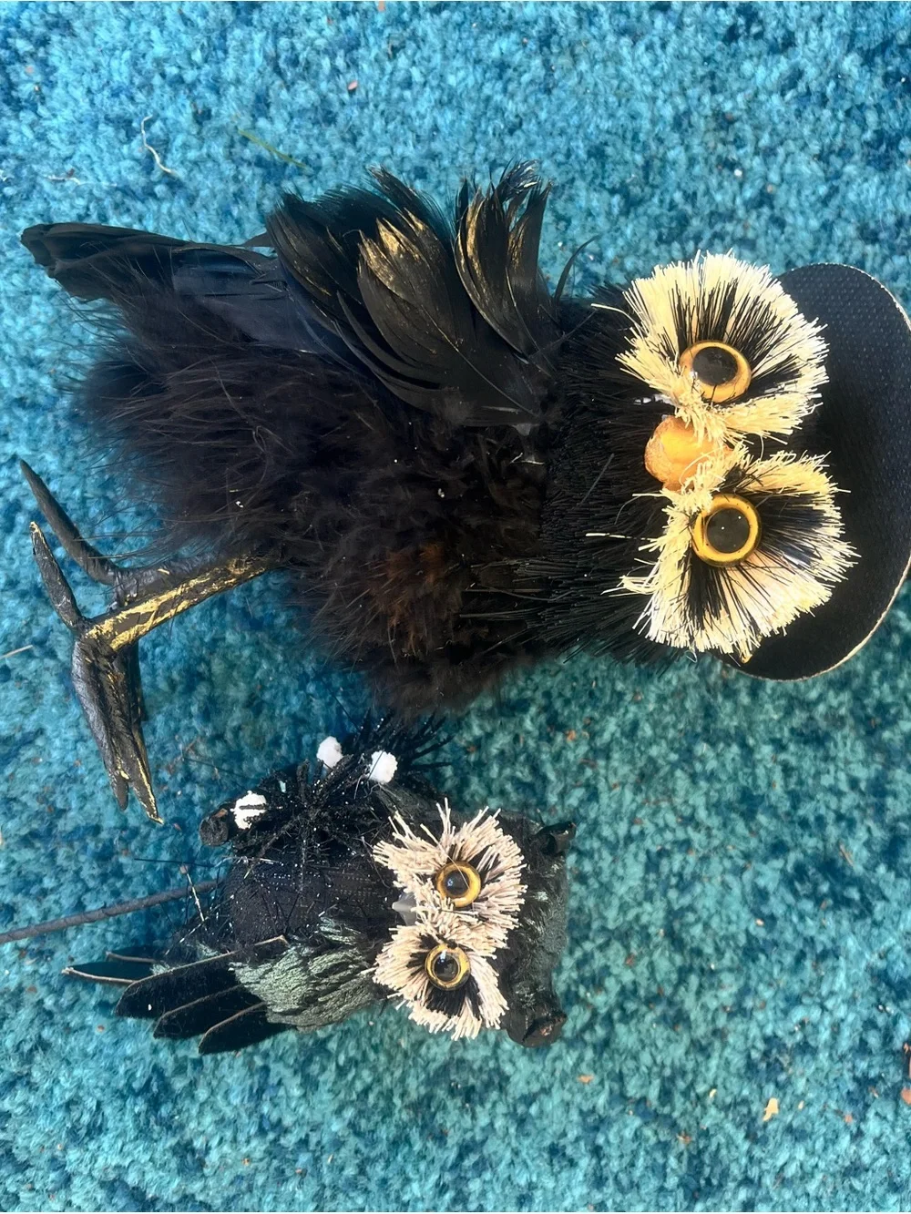 Black Decorative Feather Owl Figurine with Top Hat -
